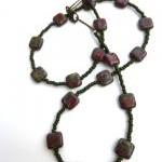 Green And Red Czech Glass Seed Beaded Necklace..