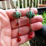 Red Coral Beads, Turquoise Inlaid Bead. Dangle..