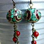 Red Coral Beads, Turquoise Inlaid Bead. Dangle..