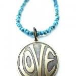 Love Necklace. Brass Metal Love Pendant, Turquoise..
