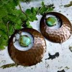 Bronze Hammered Hoop Earrings With Green Picasso..