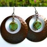 Bronze Hammered Hoop Earrings With Green Picasso..