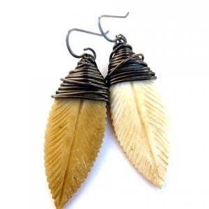 Wire Wrapped Bronze And Carved Bone Earrings...