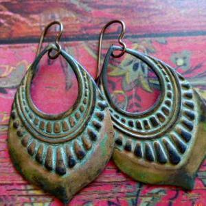 Verdigris Patina Earrings, Green Hoops, Bronze..