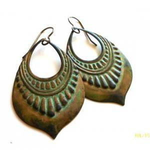 Verdigris Patina Earrings, Green Hoops, Bronze..
