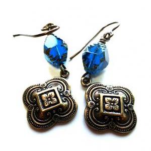 Victorian Royal Blue And Gold Earrings. Czech..