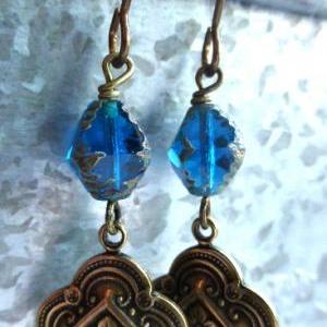 Victorian Royal Blue And Gold Earrings. Czech..