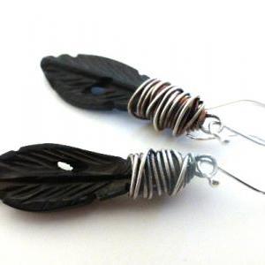 Sterling Silver Wire Wrapped Carved Bone Earrings...