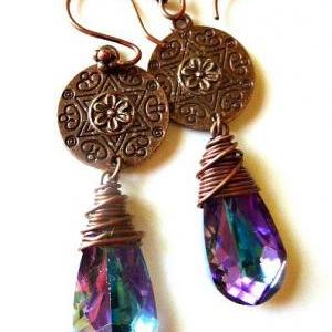 Purple And Copper Earrings. Mandala Copper Flower..