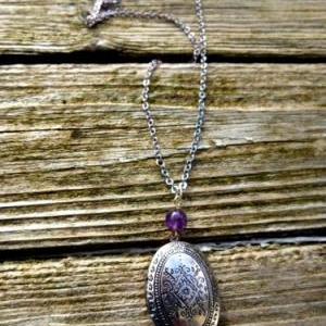 Engraved Oval Locket Necklace. Crystal Or Stone..