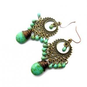 Turquoise Green Picasso Teardrop Glass And Bronze..