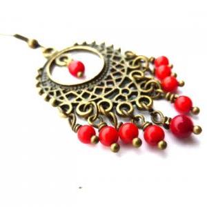 Red Coral And Bronze Bohemian Chandelier Earrings...