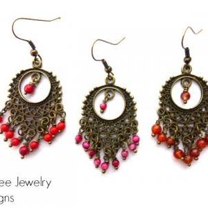 Red Coral And Bronze Bohemian Chandelier Earrings...
