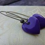 Dark Purple Heart Earrings, Enamel Earrings...