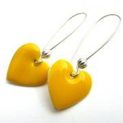 Yellow and silver earrings. Yellow Heart Earrings, Enamel Earrings. Valentines day. Heart. Romance. Kidney Ear Wires. Victorian Heart Charm Earrings.
