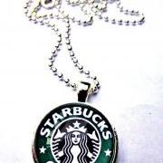 Starbucks necklace glass pendant necklace. 1 inch round pendant. Glass photo pendant. Metal bezel. Coffee necklace.