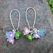 Bell Frosted flowers.Spring & summer jewelry. Flowers and silver Earrings. Pastel colors blue, pink, purple, green.