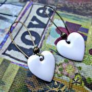 White Heart Earrings, Enamel Earrings. Valentines day. Heart. Romance. Kidney Ear Wires. Victorian Heart Charm Earrings.