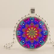 handmade jewelry, jewellery, glass pendant necklace, MANDALA Pendant necklace,  Mandala Jewelry, Buddhist Yoga Zen Necklace, Purple, pink, blue. 1&quot; Pendant, Glass, sterling silver, high quality Chain.
