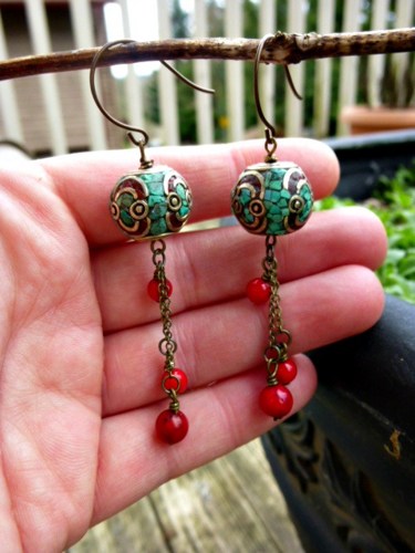 Red Coral Beads, Turquoise Inlaid Bead. Dangle Earrings