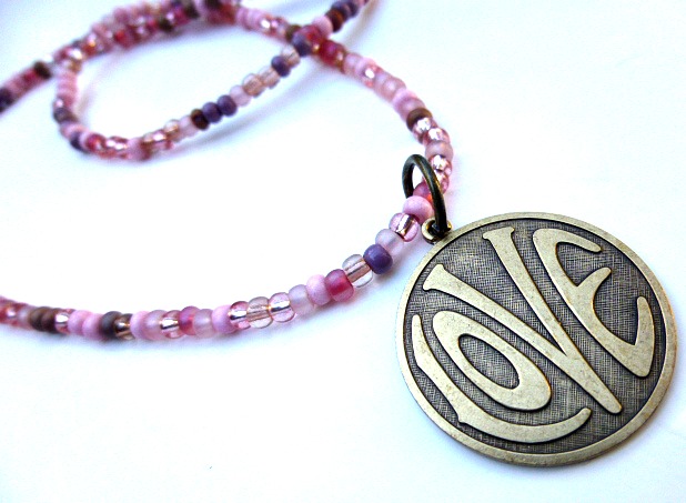 Love Necklace. Brass Metal Love Circle Pendant With Pink Matte And Shiny Glass Seed Beads. Beaded Necklace. Boho. Hippie. Simple.