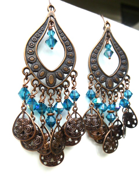Dark Blue Crystal, Copper Chandelier Earrings Bohemian Jewelry, Dangle Jewelry, Swarovski Crystal
