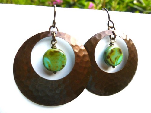 Bronze Hammered Hoop Earrings With Green Picasso Czech Glass Jewelry, Hoop Earrings, Green Glass, Brown Hoops