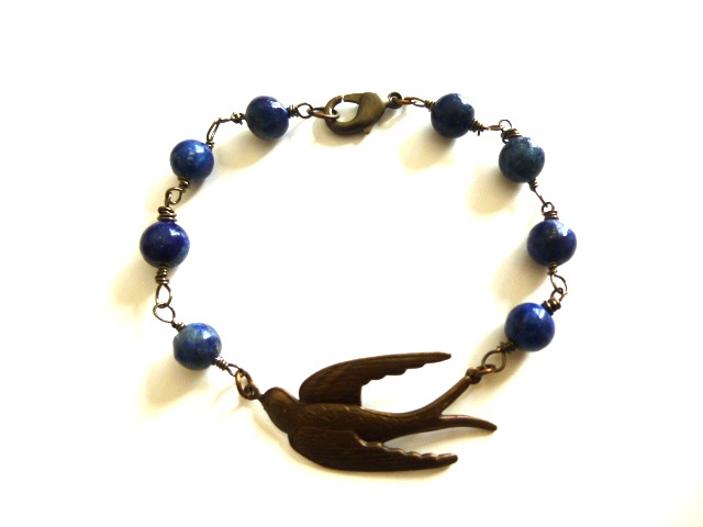 Bird Bracelet, Blue Gemstone, Wire Wrapping, Bird Pendant Jewelry, Swallow Bird Pendant