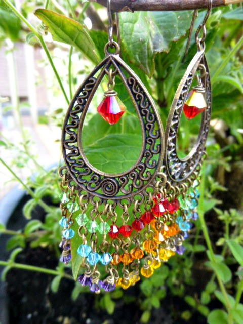 Rainbow Hippie Bohemian Boho Dangle Chandelier Earrings Swarovski Crystal And Bronze