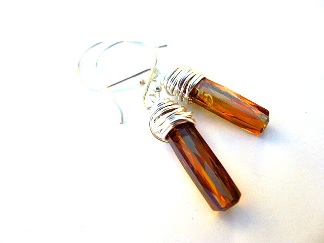 Sterling Silver Wire Wrapped Swarovski Copper Crystal Column Earrings And Bali Ear Wire