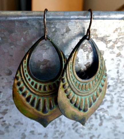 Verdigris Patina Earrings, Green Hoops, Bronze Jewelry French Ear Wire