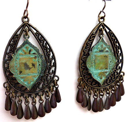Bronze And Verdigris Patina Chandelier Style Boho Earrings. Gypsy Earrings, Moroccan Earrings, Jewelry