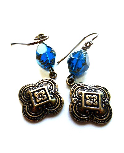 Victorian Royal Blue And Gold Earrings. Czech Glass, Metal Jewelry