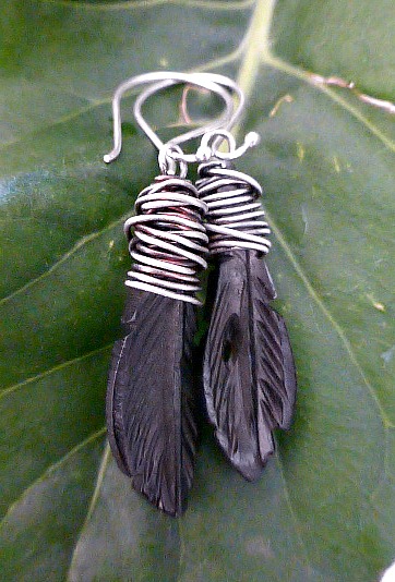Sterling Silver Wire Wrapped Carved Bone Earrings. Leaves. Hippie, Bohemian