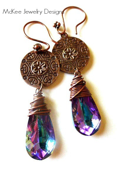 Purple And Copper Earrings. Mandala Copper Flower Charms, Copper Wire Wrapped And Violet Purple Crystal Earrings. Antiqued Copper.