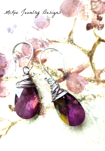 Lilacs. Swarovski Crystal Passions Lilac Shadow, Faceted Purple Pear Pendant, Sterling Silver Wire Wrapped Earrings, Hand Made Jewelry, Jewellery