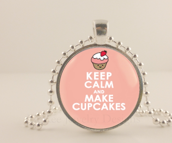 Keep Calm And Make Cupcakes Necklace. 1" Glass Dome, Metal Pendant, Chain Jewelry. Pink, Cupcake Jewelry. Jewellery, Handmade, Keep