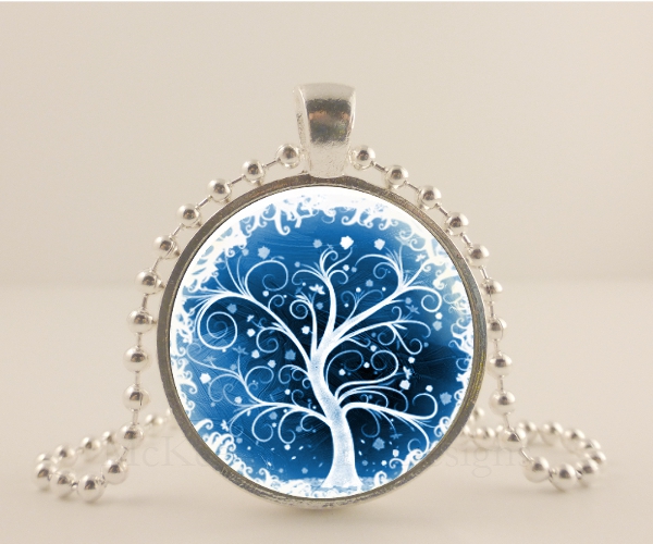 Blue And White, Winter Tree 1"glass & Metal Pendant With Chain Necklace Bohemian Necklace Pendant, Tree Jewelry, Tree Jewellery,