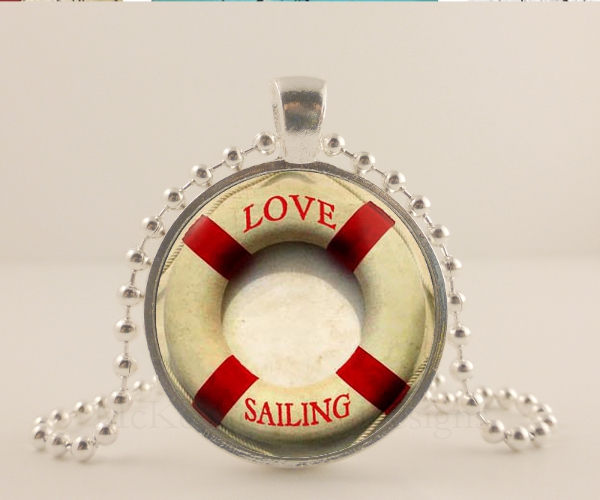 Sterling Silver, Love Sailing, Ocean, Boating Necklace, Handmade Jewelry, 1 Inch Silver Metal Bezel Pendant & Glass Dome. Metal, Glass