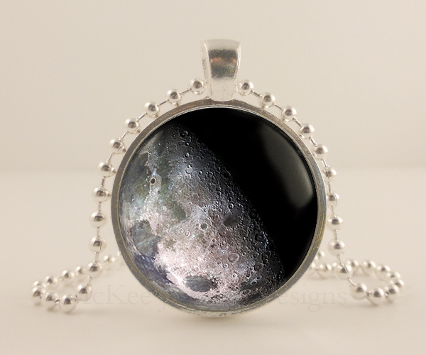 Moon Necklace Jewelry Pendant Necklace Moon Glass 1" Glass & Metal. Moon Jewellery. Space. Orbit. Handmade Jewelry
