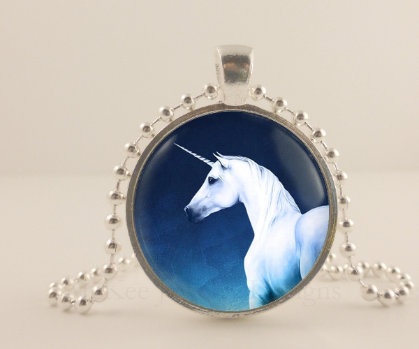 Unicorn, Fantasy, Animal, White Unicorn, Sterling Silver Pendant, Glass Dome And Ball Chain Necklace. Fantasy Jewelry