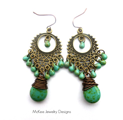Turquoise Green Picasso Teardrop Glass And Bronze Chandelier Earrings. Bohemian Dangle Earrings, Jewelry, Jewellery, Handmade