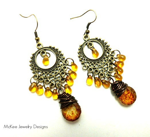 Yellow Gold And Brown Textured Teardrop Glass, Bronze Chandelier Earrings. Bohemian Jewelry, Jewellery, Handmade