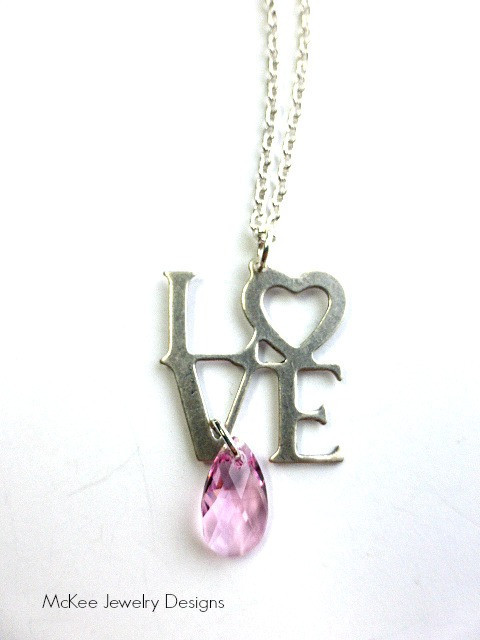 Love. Pink Faceted Crystal, Silver Love Pendant And Sterling Silver Chain Necklace. Pink And Silver Jewelry
