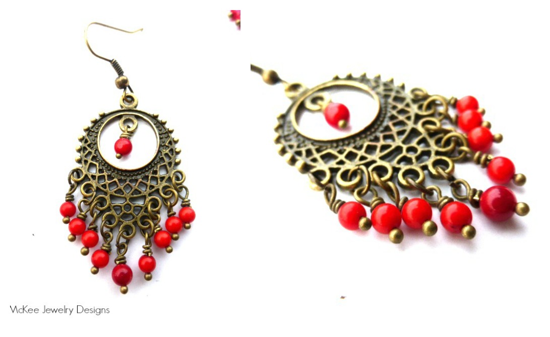 Red Coral And Bronze Bohemian Chandelier Earrings. Dangle Jewelry.