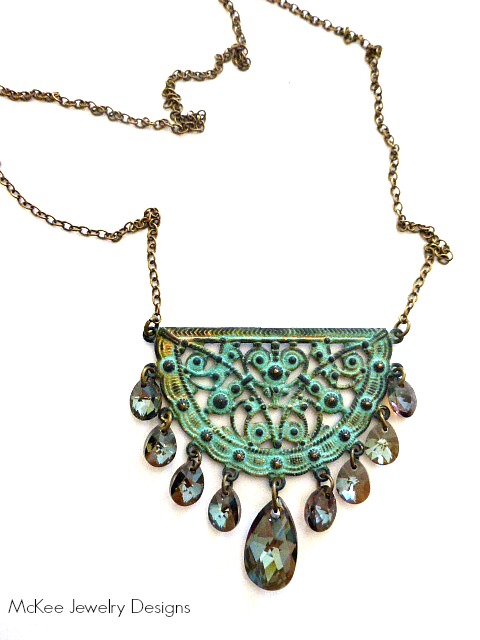 Green Patina Filigree Pendant, Grey Crystal Necklace. Verdigris Brass Bohemian Chandelier, Ornate, Crescent