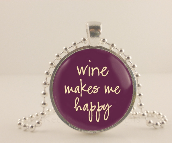 Wine Makes Me Happy. Eggplant Purple & Cream. 1 Inch Wine Pendant And Ball Chain Necklace. Wine Jewelry. Metal Bezel And Glass Dome.