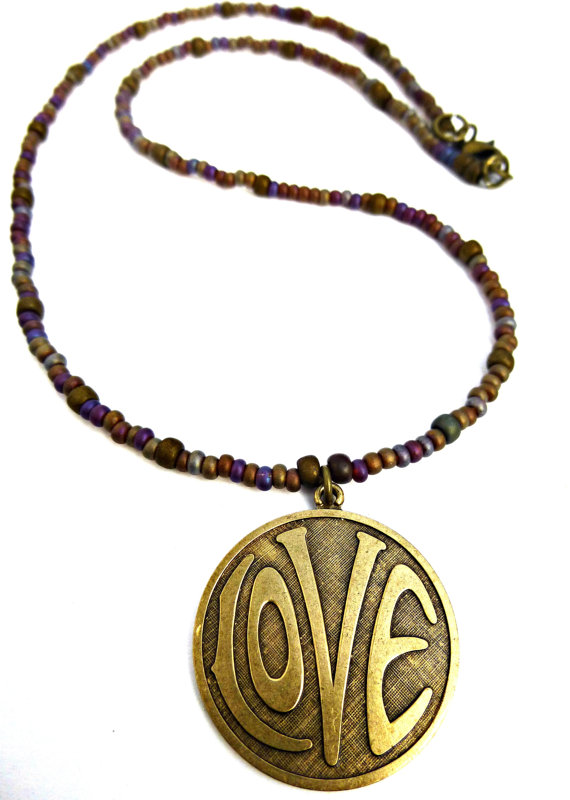Love Necklace. Purple & Gold. Brass Metal Love Circle Pendant With Glass Seed Beads. Beaded Necklace. Boho. Hippie. Simple.