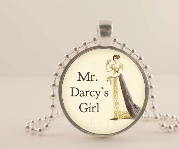 Jane Austen. Mr. Darcy's Girl. Pride And Prejudice. Sterling Silver, Glass & Ball Chain Necklace. Book, Reading, Writing, Quote.