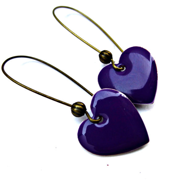 Dark Purple Heart Earrings, Enamel Earrings. Valentines Day. Heart. Romance. Kidney Ear Wires. Victorian Heart Charm Earrings.